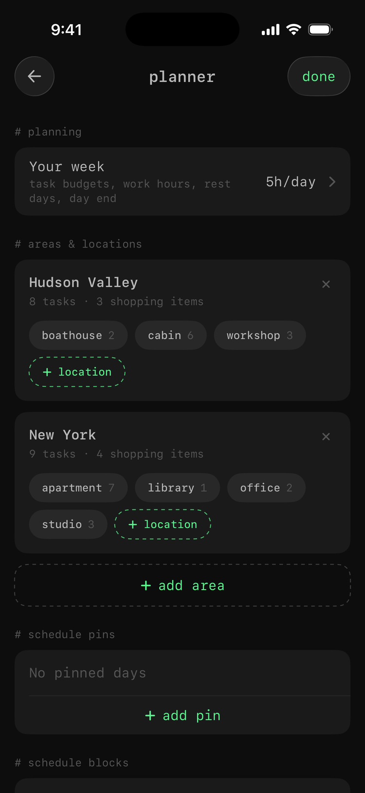 planner showing areas, locations, and their task and shopping counts