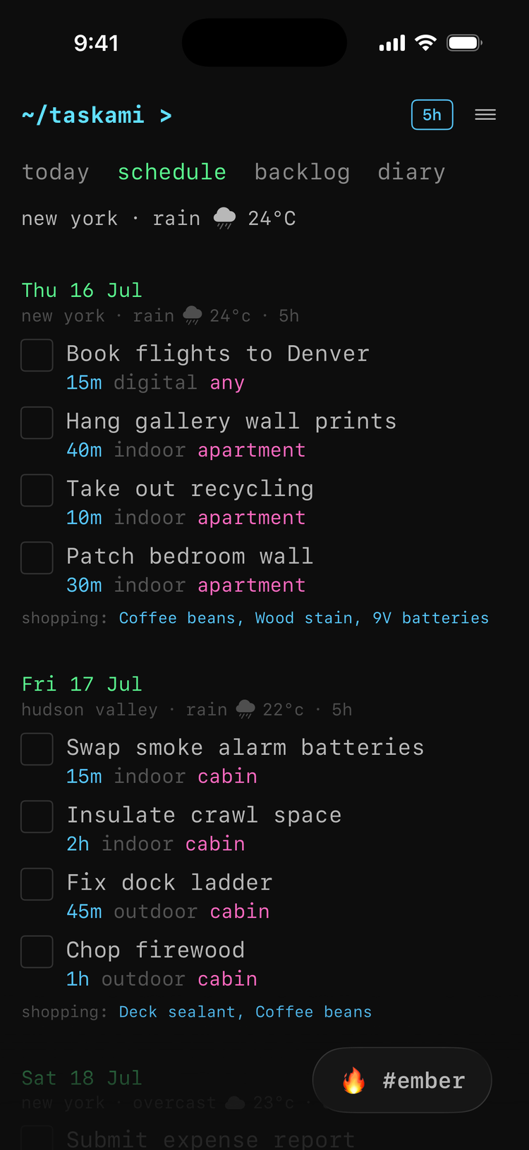schedule tab - days ahead with per-day forecasts